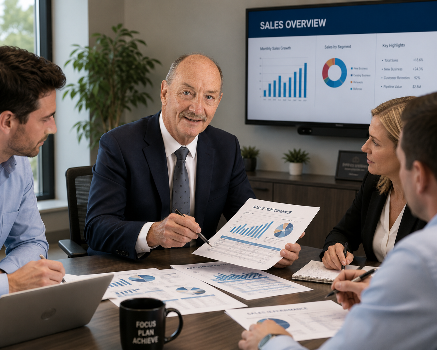 Craig Gibbs reviewing sales performance data with a corporate team
